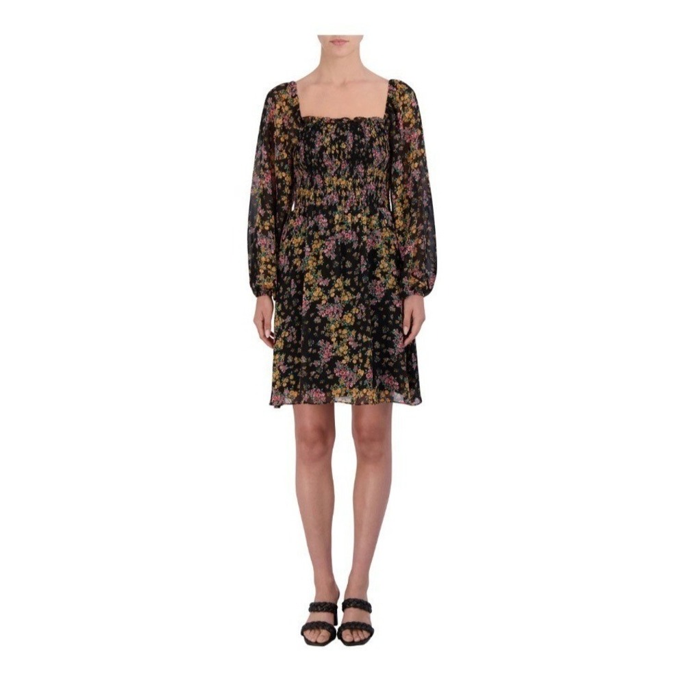 BCBG Paris Dress Womens XXL Black Floral Smocked Long Sleeve Pattern Dress NWT